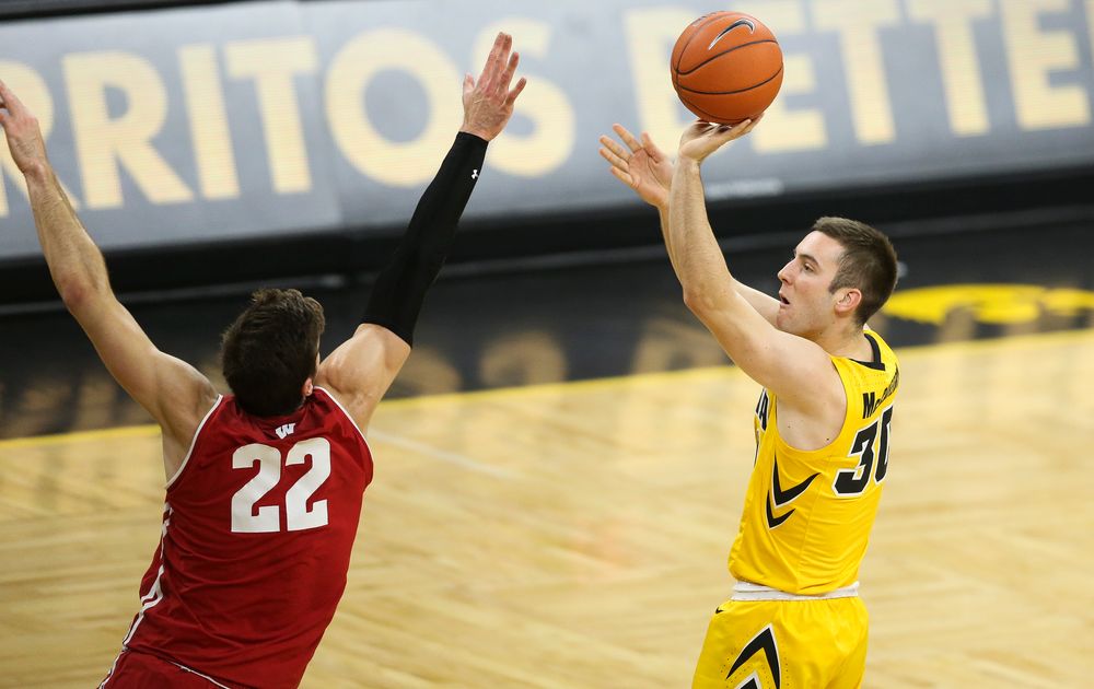 Iowa Hawkeyes guard Connor McCaffery (30) shoots the ball against Wisconsin on November 30, 2018 at Carver-Hawkeye Arena. (Tork Mason/hawkeyesports.com)