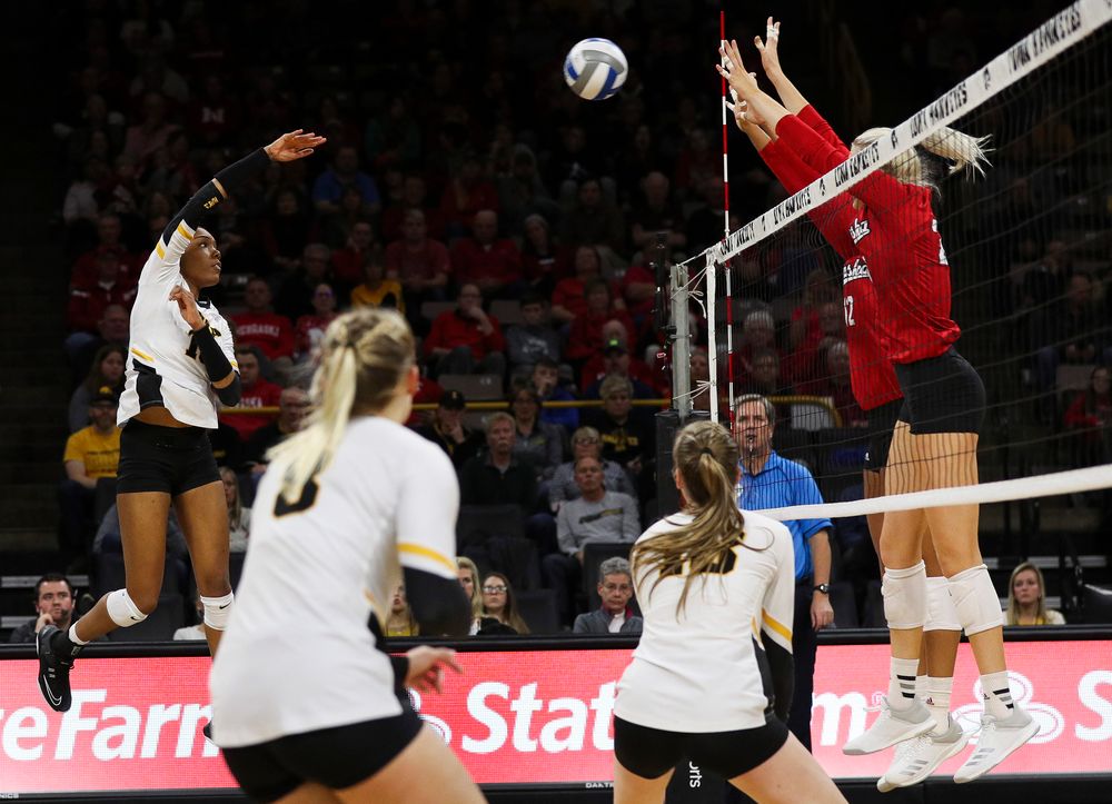 Iowa Hawkeyes outside hitter Taylor Louis (16) spikes the ball during a match against Nebraska at Carver-Hawkeye Arena on November 7, 2018. (Tork Mason/hawkeyesports.com)
