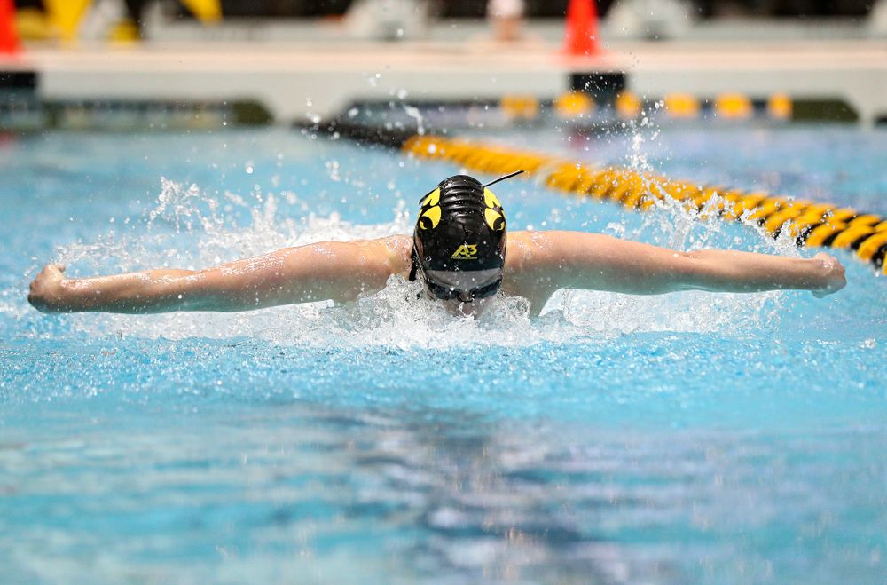 Iowa’s Kelsey Drake swims the butterfly section of the women’s 400 yard medley relay event during the 2020 Women’s Big Ten Swimming and Diving Championships at the Campus Recreation and Wellness Center in Iowa City on Thursday, February 20, 2020. (Stephen Mally/hawkeyesports.com)