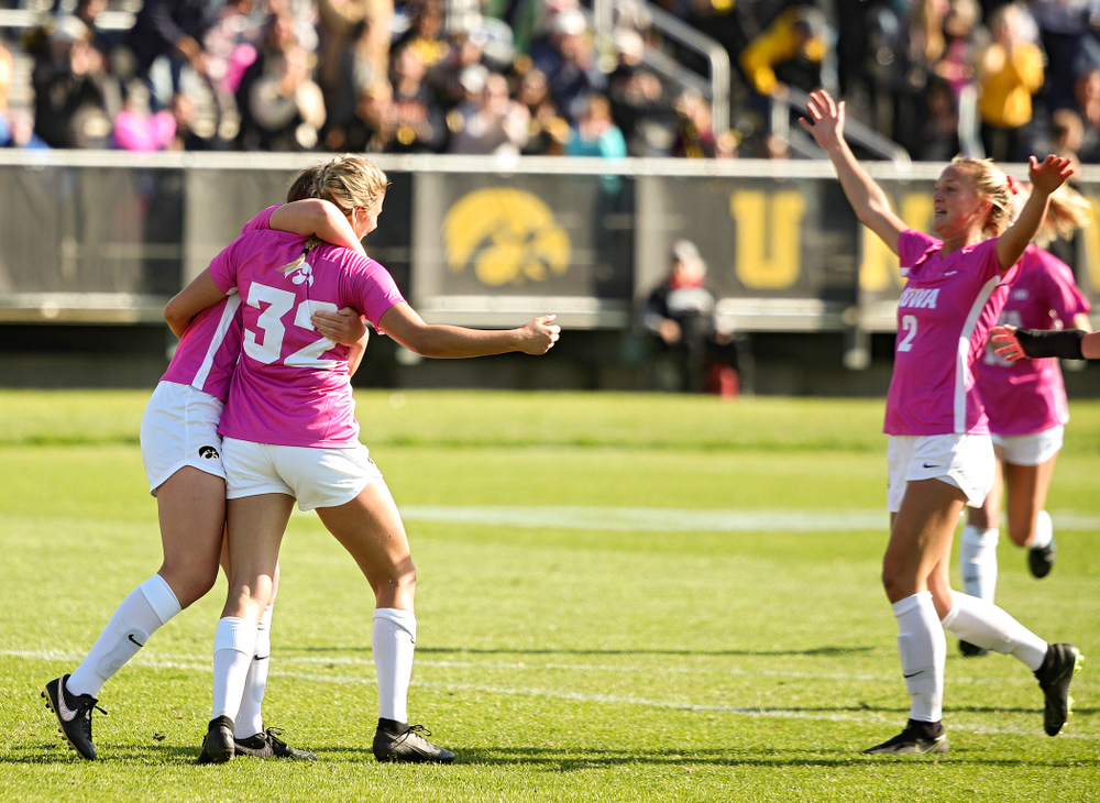 Iowa forward Gianna Gourley (32) celebrates her goal during the second half of their match at the Iowa Soccer Complex in Iowa City on Sunday, Oct 27, 2019. (Stephen Mally/hawkeyesports.com)