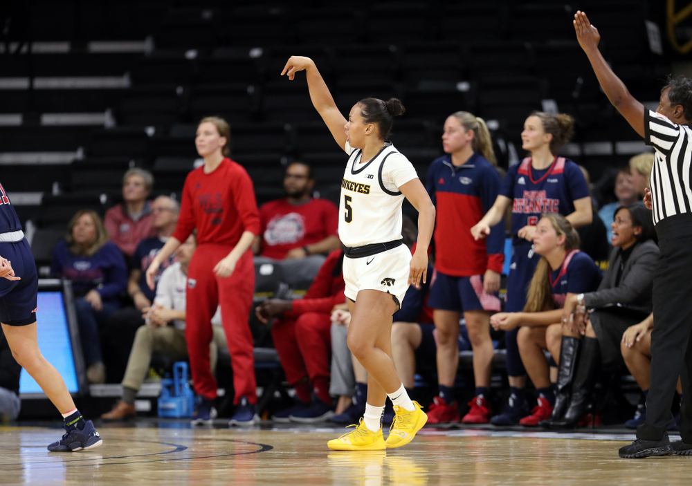 Iowa Hawkeyes guard Alexis Sevillian (5) against Florida Atlantic University Thursday, November 7, 2019 at Carver-Hawkeye Arena. (Brian Ray/hawkeyesports.com)