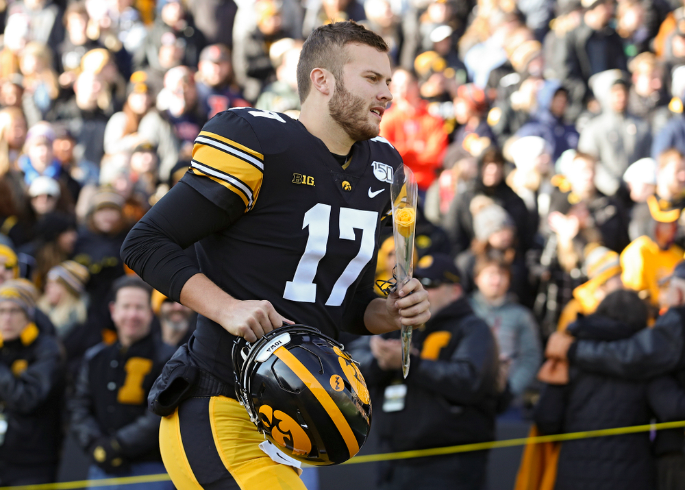 Iowa Hawkeyes quarterback Ryan Schmidt (17) is acknowledged on senior day before their game at Kinnick Stadium in Iowa City on Saturday, Nov 23, 2019. (Stephen Mally/hawkeyesports.com)