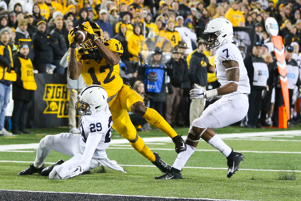 Iowa Hawkeyes wide receiver Brandon Smith (12) during Iowa football vs Penn State on Saturday, October 12, 2019 at Kinnick Stadium. (Lily Smith/hawkeyesports.com)