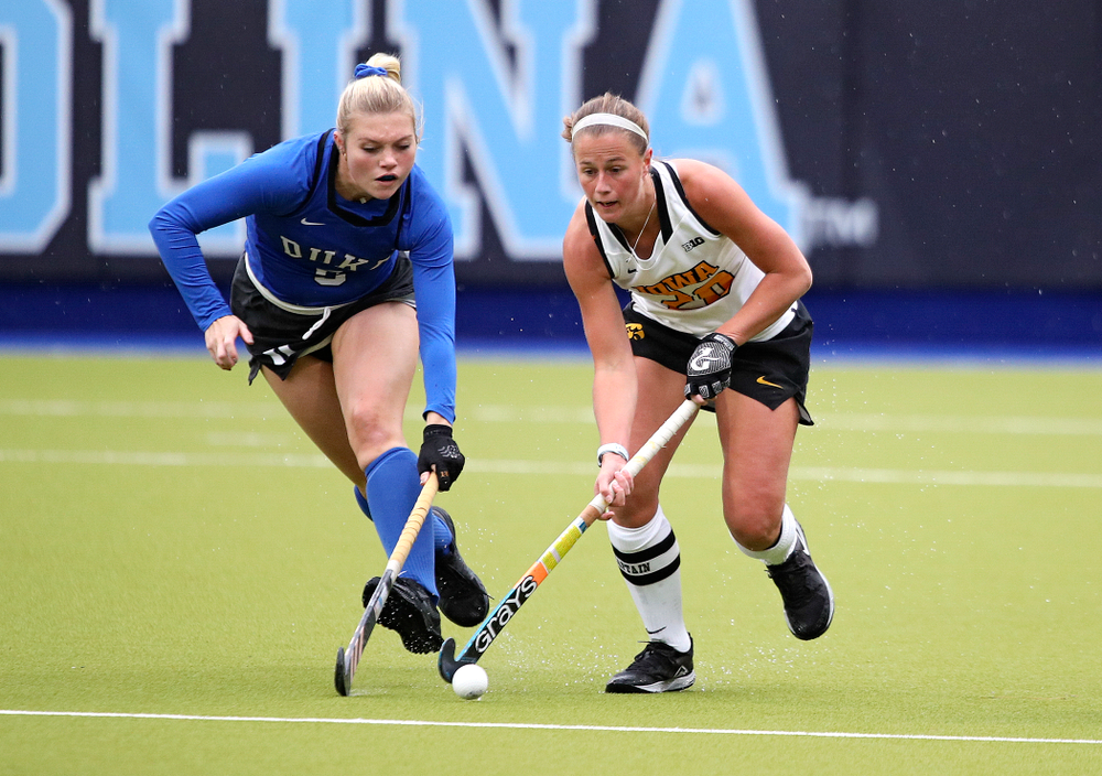 Iowa’s Sophie Sunderland (20) moves with the ball during the first quarter of their NCAA Tournament First Round match against Duke at Karen Shelton Stadium in Chapel Hill, N.C. on Friday, Nov 15, 2019. (Stephen Mally/hawkeyesports.com)