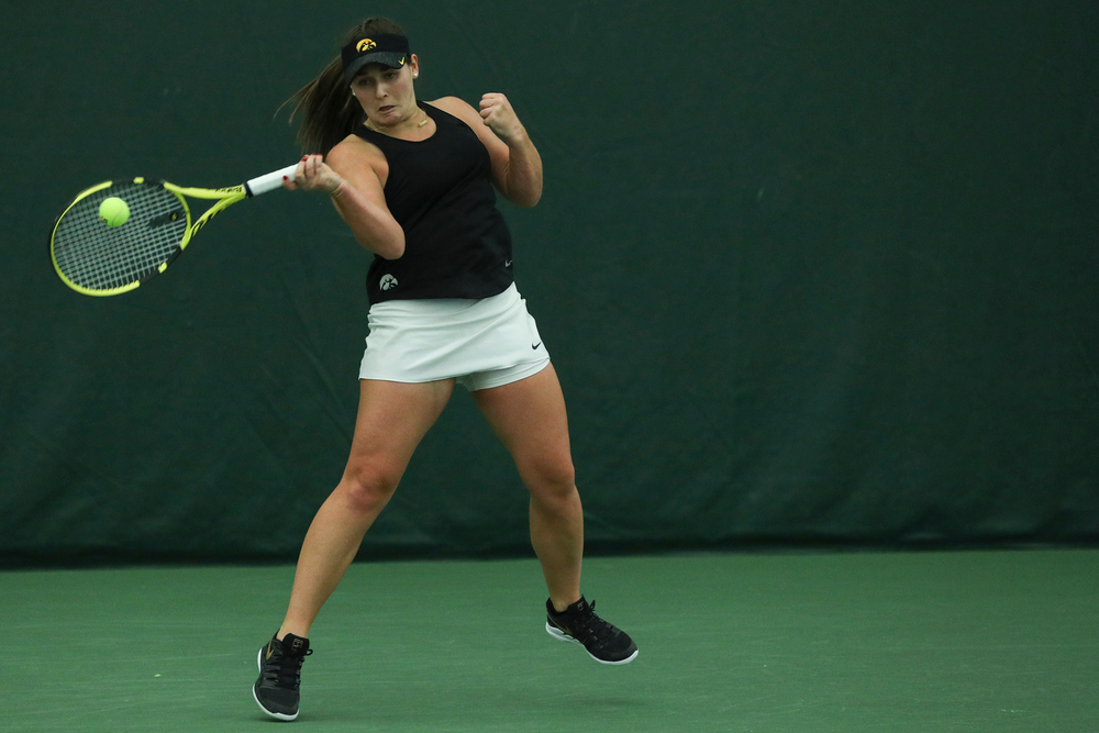 during the Iowa women’s tennis meet vs DePaul on Friday, February 21, 2020 at the Hawkeye Tennis and Recreation Complex. (Lily Smith/hawkeyesports.com)
