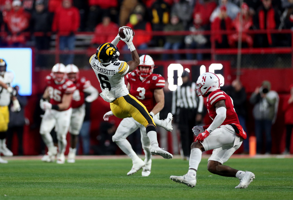 Iowa Hawkeyes wide receiver Ihmir Smith-Marsette (6) against the Nebraska Cornhuskers Friday, November 29, 2019 at Memorial Stadium in Lincoln, Neb. (Brian Ray/hawkeyesports.com)