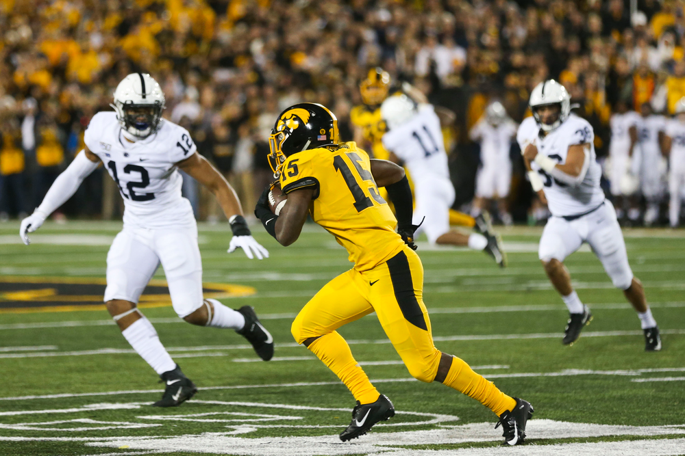 Iowa Hawkeyes running back Tyler Goodson (15) during Iowa football vs Penn State on Saturday, October 12, 2019 at Kinnick Stadium. (Lily Smith/hawkeyesports.com)