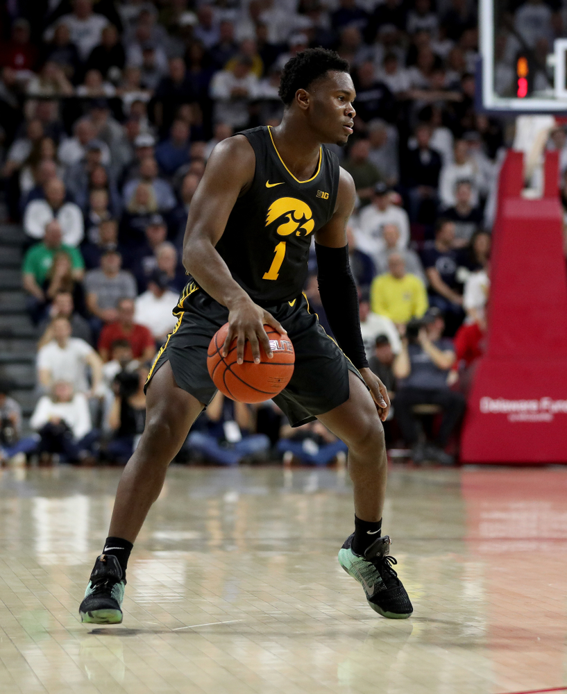 Iowa Hawkeyes guard Joe Toussaint (1) against Penn State Saturday, January 4, 2020 at the Palestra in Philadelphia. (Brian Ray/hawkeyesports.com)