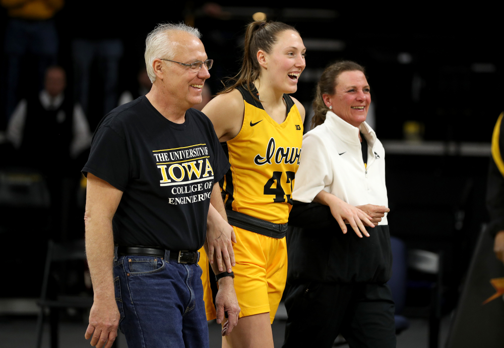 Iowa Hawkeyes forward Amanda Ollinger (43) during senior day activities following their win over the Minnesota Golden Gophers Thursday, February 27, 2020 at Carver-Hawkeye Arena. (Brian Ray/hawkeyesports.com)
