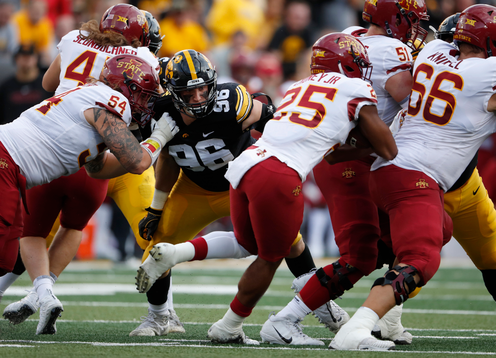 Iowa Hawkeyes defensive end Matt Nelson (96) against the Iowa State Cyclones Saturday, September 8, 2018 at Kinnick Stadium. (Brian Ray/hawkeyesports.com)