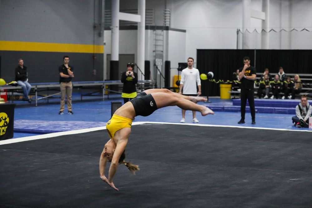 Alex Greenwald performs a floor routine during the Iowa women’s gymnastics Black and Gold Intraquad Meet on Saturday, December 7, 2019 at the UI Field House. (Lily Smith/hawkeyesports.com)