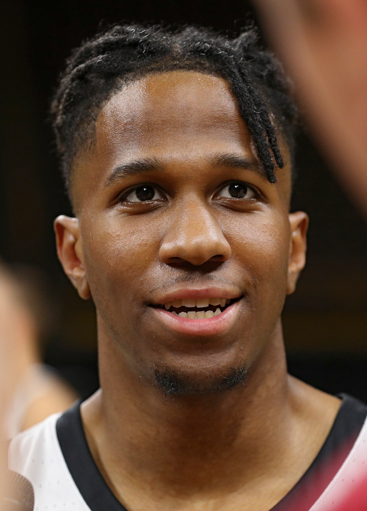 Iowa Hawkeyes guard Bakari Evelyn (4) answers questions during Iowa Men’s Basketball Media Day at Carver-Hawkeye Arena in Iowa City on Wednesday, Oct 9, 2019. (Stephen Mally/hawkeyesports.com)