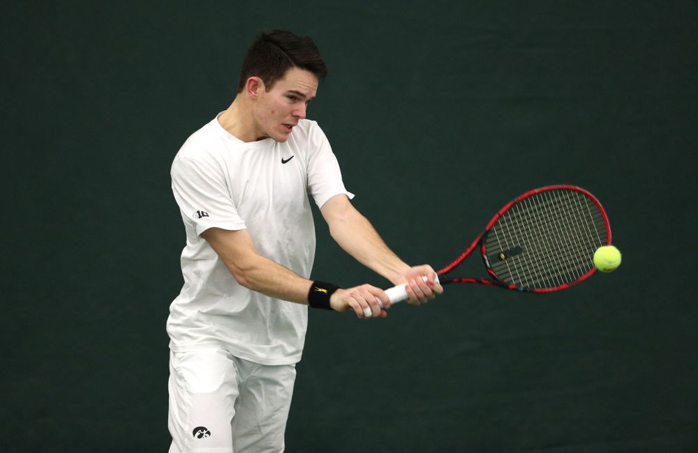 Iowa's Jonas Larsen against North Dakota Friday, January 25, 2019 at the Hawkeye Tennis and Recreation Complex. (Brian Ray/hawkeyesports.com)
