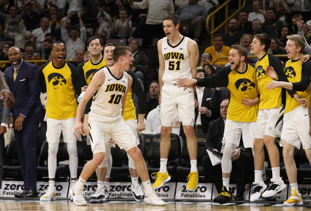 Iowa Hawkeyes guard Joe Wieskamp (10 celebrates after a three point basket against the Illinois Fighting Illini Sunday, January 20, 2019 at Carver-Hawkeye Arena. (Brian Ray/hawkeyesports.com)