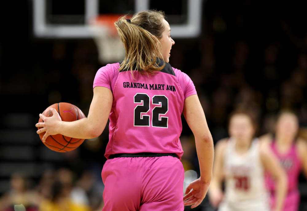 Iowa Hawkeyes guard Kathleen Doyle (22) against the Wisconsin Badgers Sunday, February 16, 2020 at Carver-Hawkeye Arena. (Brian Ray/hawkeyesports.com)