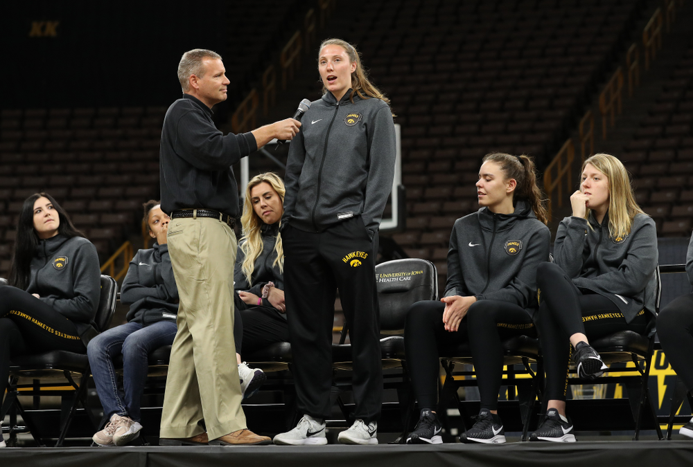Iowa WomenÕs Basketball radio announcer Rob Books and forward Amanda Ollinger (43) during the teamÕs Celebr-Eight event Wednesday, April 24, 2019 at Carver-Hawkeye Arena. (Brian Ray/hawkeyesports.com)