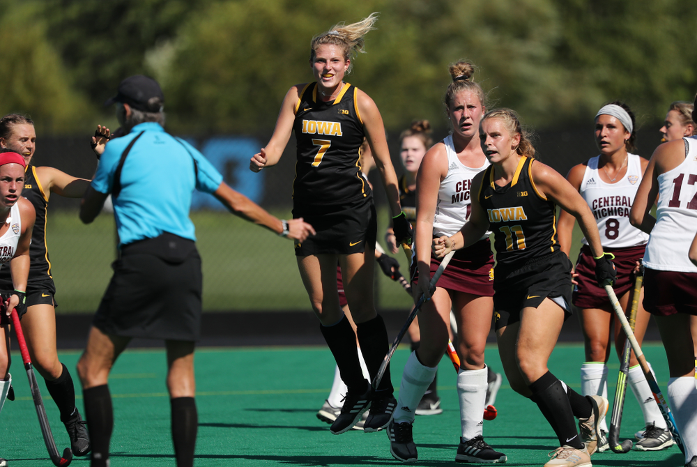 Iowa Hawkeyes Ellie Holley (7) celebrates a gaol against Central Michigan Friday, September 6, 2019 at Grant Field. The Hawkeyes won the game 11-0. (Brian Ray/hawkeyesports.com)