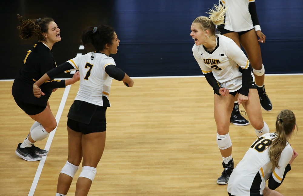 Iowa Hawkeyes right side hitter Reghan Coyle (8) reacts after a kill during a game against Purdue at Carver-Hawkeye Arena on October 13, 2018. (Tork Mason/hawkeyesports.com)