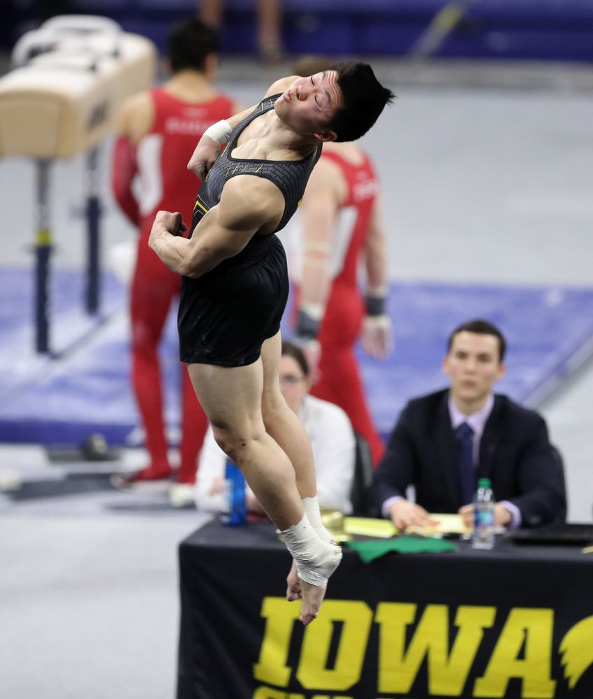 Iowa's Bennet Huang competes on the floor against Oklahoma Saturday, February 9, 2019 at Carver-Hawkeye Arena. (Brian Ray/hawkeyesports.com)