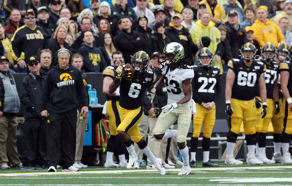 Iowa Hawkeyes wide receiver Ihmir Smith-Marsette (6) makes a one handed catch against the Purdue Boilermakers Saturday, October 19, 2019 at Kinnick Stadium. (Brian Ray/hawkeyesports.com)