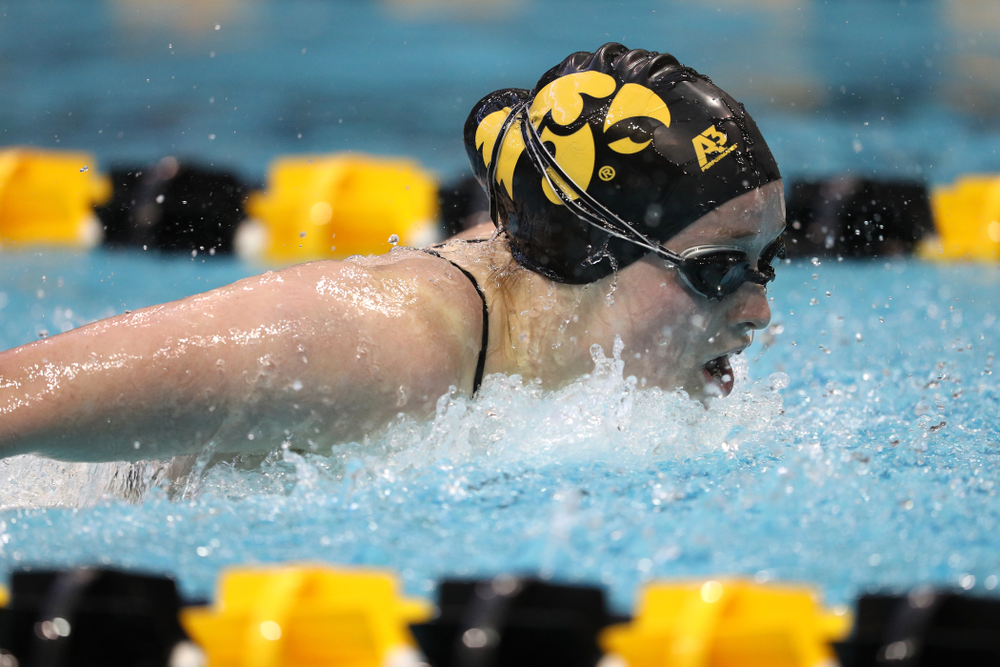 Iowa's Kelsey Drake swims the 200 yard butterfly during a double dual against Wisconsin and Northwestern Saturday, January 19, 2019 at the Campus Recreation and Wellness Center. (Brian Ray/hawkeyesports.com)