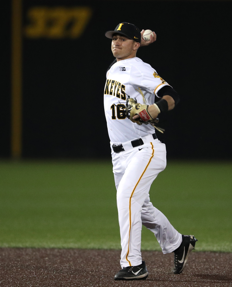 Iowa Hawkeyes Tanner Wetrich (16) makes a play during game one against UC Irvine Friday, May 3, 2019 at Duane Banks Field. (Brian Ray/hawkeyesports.com)