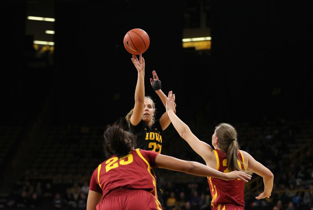 Iowa Hawkeyes guard Kathleen Doyle (22) against the Iowa State Cyclones in the Iowa Corn Cy-Hawk Series Wednesday, December 5, 2018 at Carver-Hawkeye Arena. (Brian Ray/hawkeyesports.com)