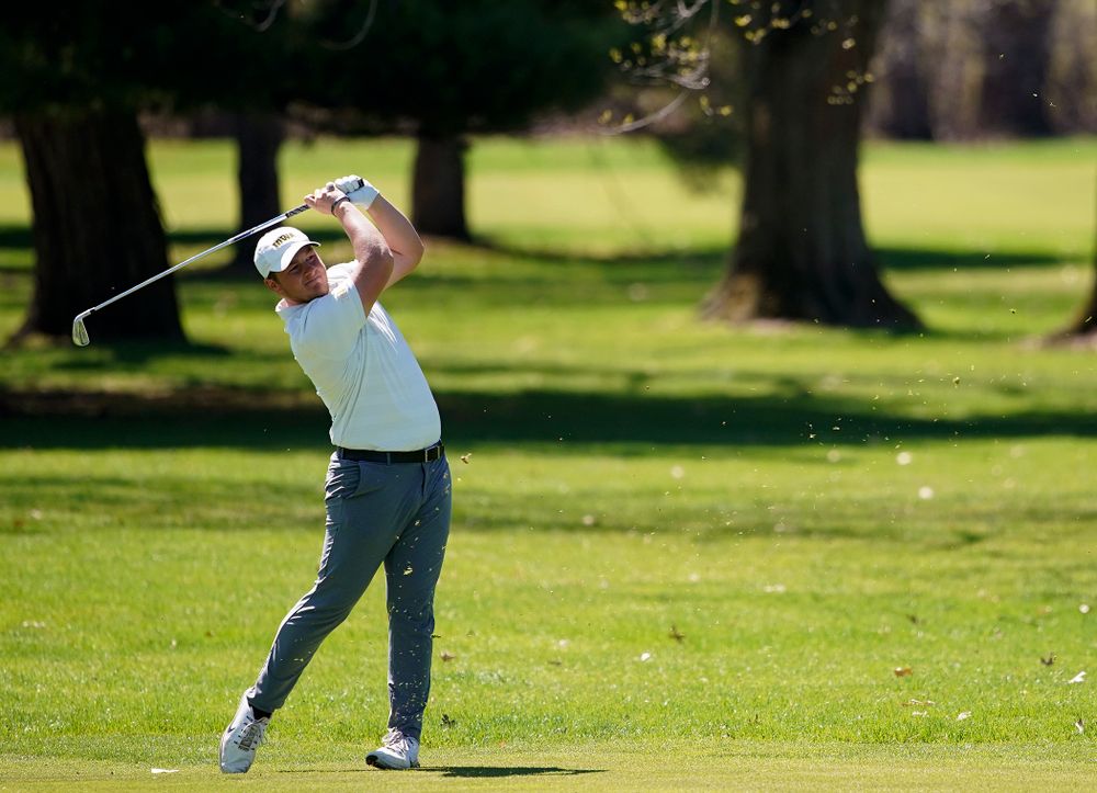 Iowa's Alex Schaake hits from the fairway during the first round of the Hawkeye Invitational at Finkbine Golf Course in Iowa City on Saturday, Apr. 20, 2019. (Stephen Mally/hawkeyesports.com)