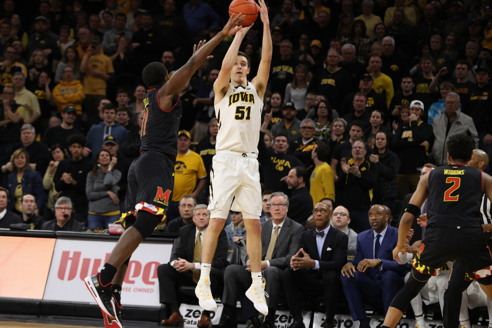 Iowa Hawkeyes forward Nicholas Baer (51) against the Maryland Terapins Tuesday, February 19, 2019 at Carver-Hawkeye Arena. (Brian Ray/hawkeyesports.com)
