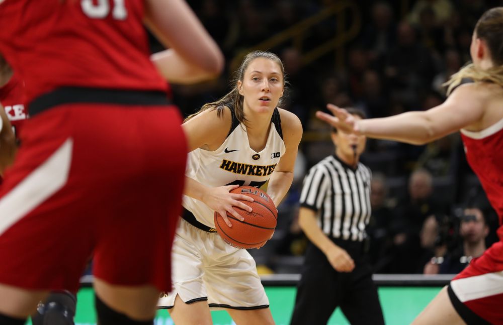 Iowa Hawkeyes forward Amanda Ollinger (43) against the Nebraska Cornhuskers Thursday, January 3, 2019 at Carver-Hawkeye Arena. (Brian Ray/hawkeyesports.com)