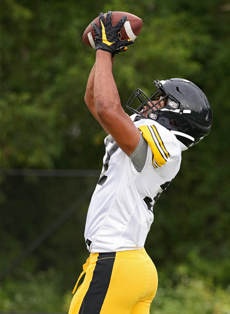 Iowa Hawkeyes defensive back Kyler Fisher (37) pulls in a ball durning Fall Camp Practice No. 17 at the Hansen Football Performance Center in Iowa City on Wednesday, Aug 21, 2019. (Stephen Mally/hawkeyesports.com)