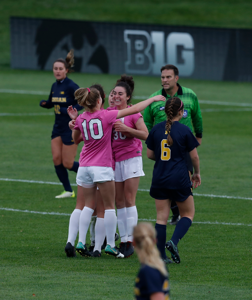 Iowa Hawkeyes Devin Burns (30) celebrates after scoring against Michigan Sunday, October 14, 2018 at the Iowa Soccer Complex. (Brian Ray/hawkeyesports.com)