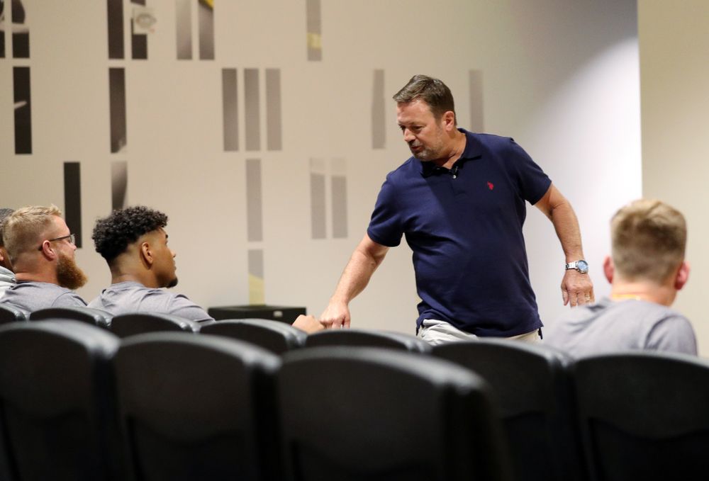 Former University of Iowa defensive back and Oklahoma Head Coach Bob Stoops addresses the Hawkeye Football team as the honorary captain for their game against Miami, Ohio Friday, August 30, 2019 at the Hansen Football Performance Center. (Brian Ray/hawkeyesports.com)