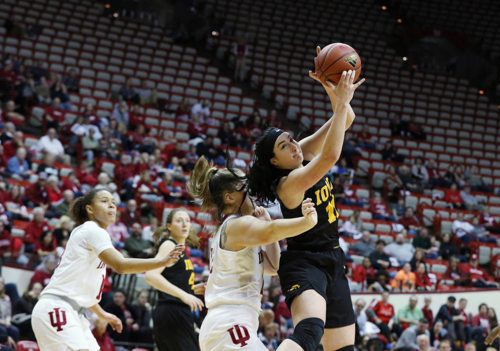 Iowa Hawkeyes forward Megan Gustafson (10) against the Indiana Hoosiers Thursday, February 21, 2019 at Simon Skjodt Assembly Hall. (Brian Ray/hawkeyesports.com)