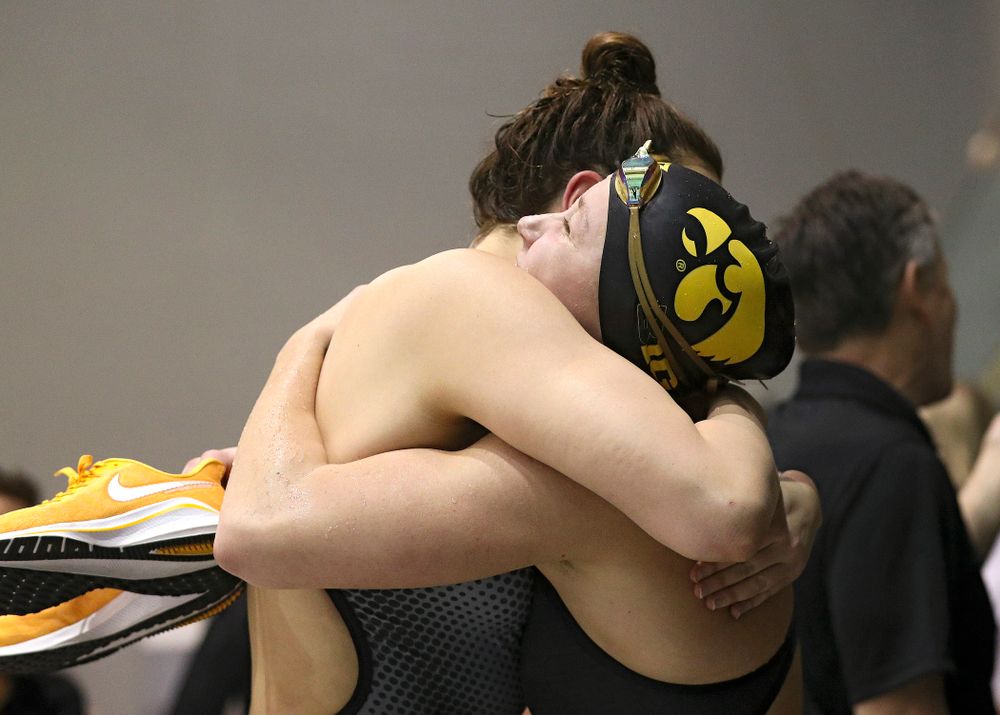 Iowa’s Aleksandra Olesiak celebrates after setting a career-best time in the women’s 200 yard breaststroke C final event during the 2020 Women’s Big Ten Swimming and Diving Championships at the Campus Recreation and Wellness Center in Iowa City on Saturday, February 22, 2020. (Stephen Mally/hawkeyesports.com)