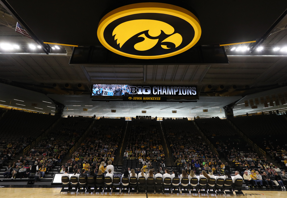 The Iowa Hawkeyes during a celebration of their Big Ten Women's Basketball Tournament championship Monday, March 18, 2019 at Carver-Hawkeye Arena. (Brian Ray/hawkeyesports.com)