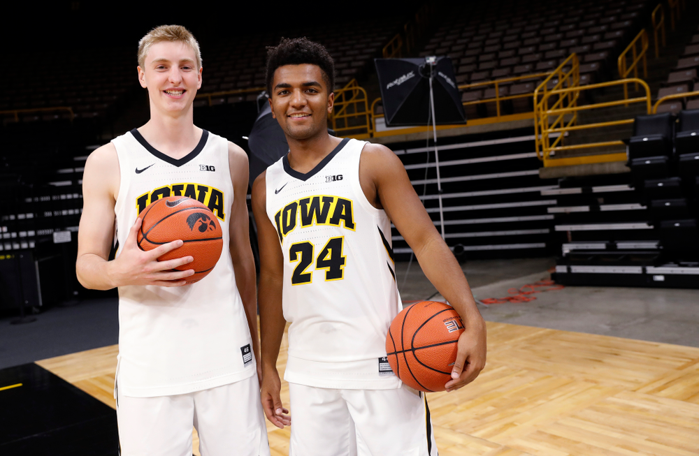 Iowa Hawkeyes forward Michael Baer (0) and guard Nicolas Hobbs (24) during the team's annual media day Monday, October 8, 2018 at Carver-Hawkeye Arena. (Brian Ray/hawkeyesports.com)