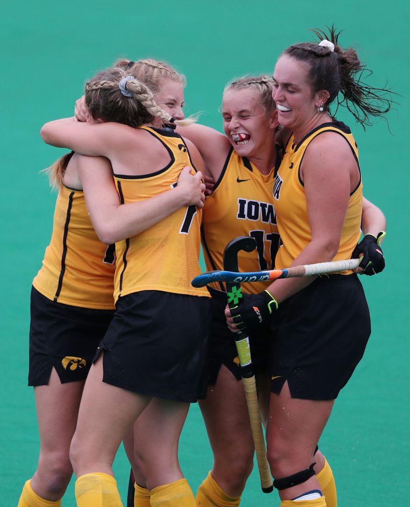 Iowa Hawkeyes Katie Birch (11) and defenseman Anthe Nijziel (6) celebrate a goal against Columbia Sunday, September 8, 2019 at Grant Field. (Brian Ray/hawkeyesports.com)