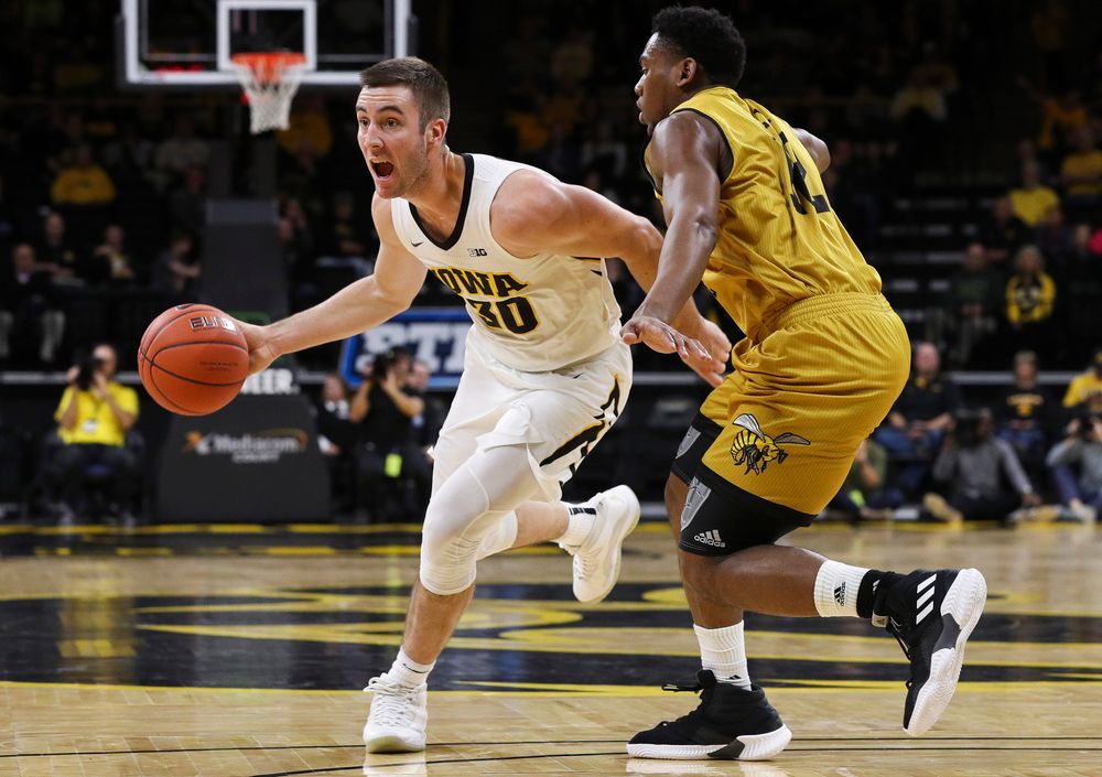 Iowa Hawkeyes guard Connor McCaffery (30) drives to the basket during a game against Alabama State at Carver-Hawkeye Arena on November 21, 2018. (Tork Mason/hawkeyesports.com)