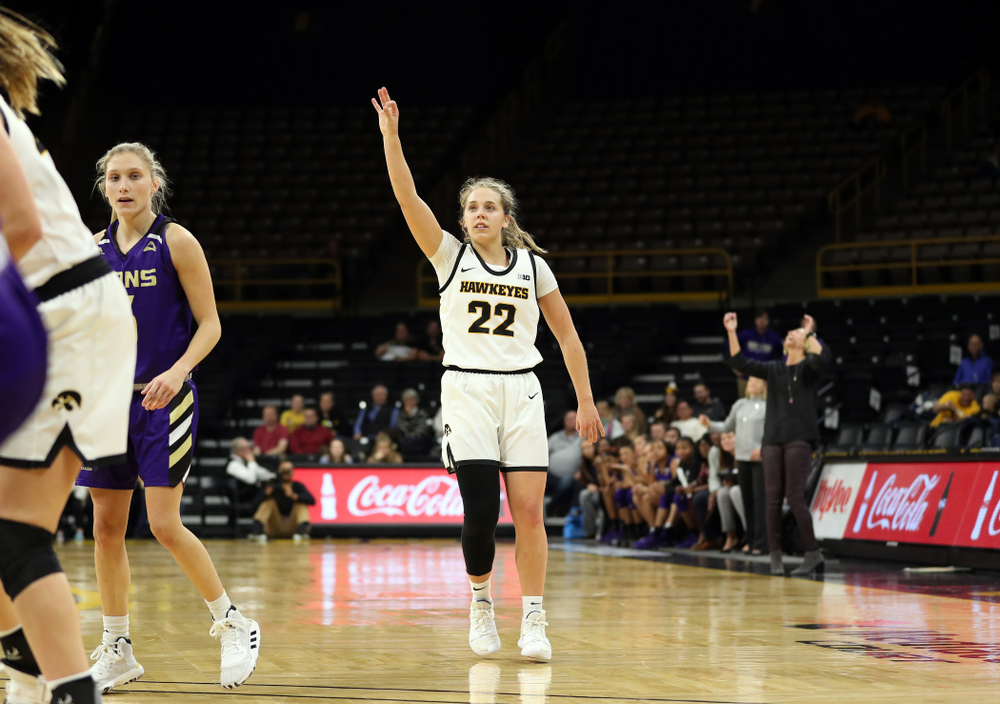 Iowa Hawkeyes guard Kathleen Doyle (22) knocks down a three point basket against North Alabama Thursday, November 14, 2019 at Carver-Hawkeye Arena. (Brian Ray/hawkeyesports.com)