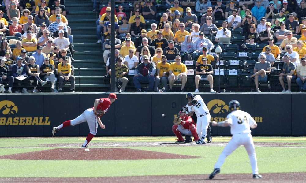 Iowa Hawkeyes Izaya Fullard (20) hits a home run against the Nebraska Cornhuskers Saturday, April 20, 2019 at Duane Banks Field. (Brian Ray/hawkeyesports.com)