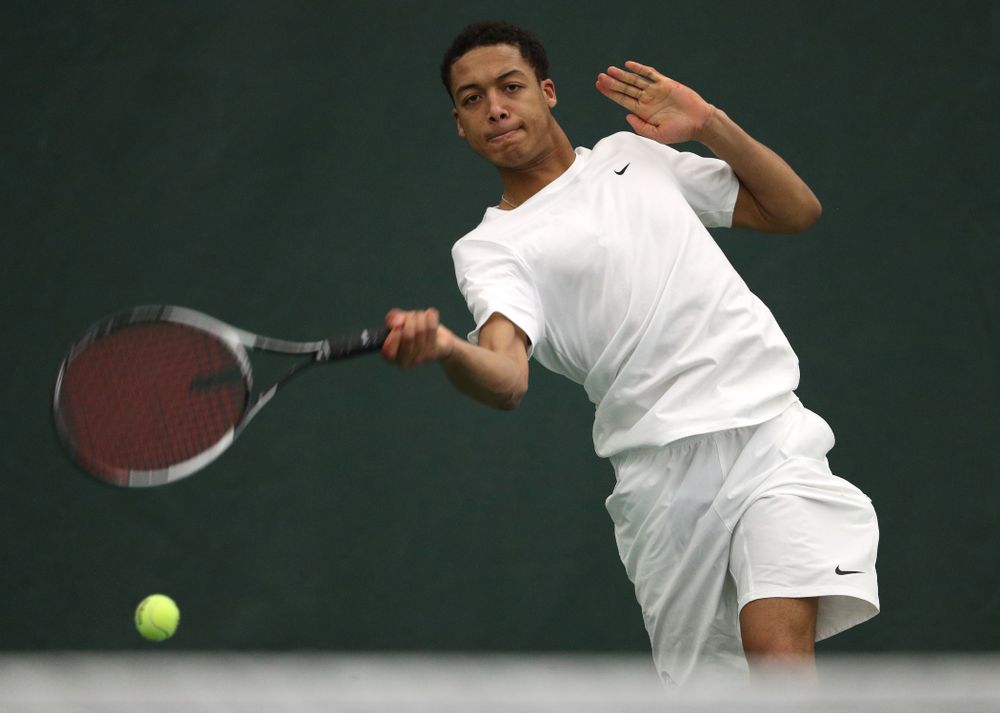 Iowa's Oliver Okonkwo against North Dakota Friday, January 25, 2019 at the Hawkeye Tennis and Recreation Complex. (Brian Ray/hawkeyesports.com)