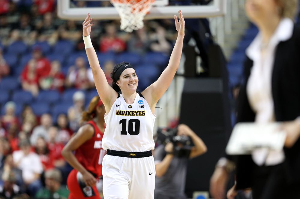 Iowa Hawkeyes forward Megan Gustafson (10) against the NC State Wolfpack in the regional semi-final of the 2019 NCAA Women's College Basketball Tournament Saturday, March 30, 2019 at Greensboro Coliseum in Greensboro, NC.(Brian Ray/hawkeyesports.com)