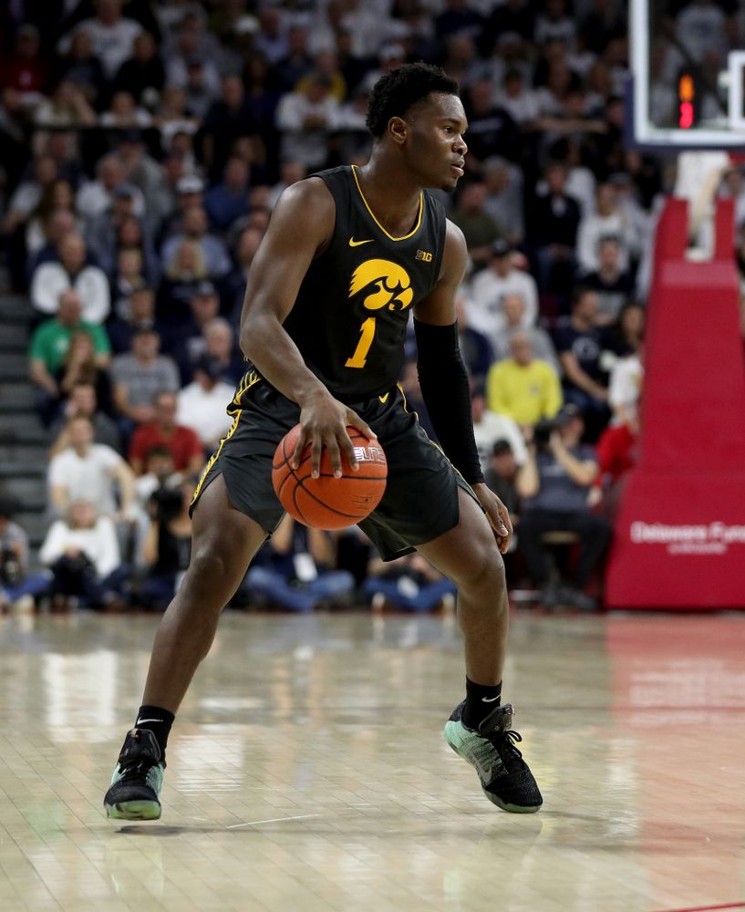Iowa Hawkeyes guard Joe Toussaint (1) against Penn State Saturday, January 4, 2020 at the Palestra in Philadelphia. (Brian Ray/hawkeyesports.com)
