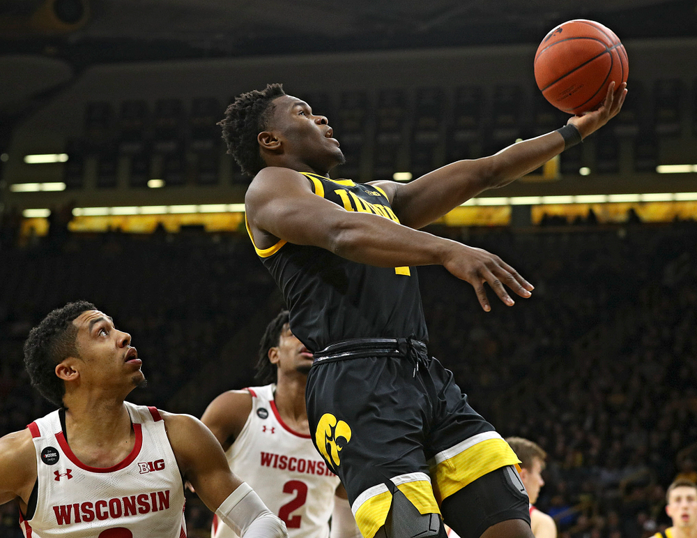 Iowa Hawkeyes guard Joe Toussaint (1) scores a basket during the first half of their game at Carver-Hawkeye Arena in Iowa City on Monday, January 27, 2020. (Stephen Mally/hawkeyesports.com)