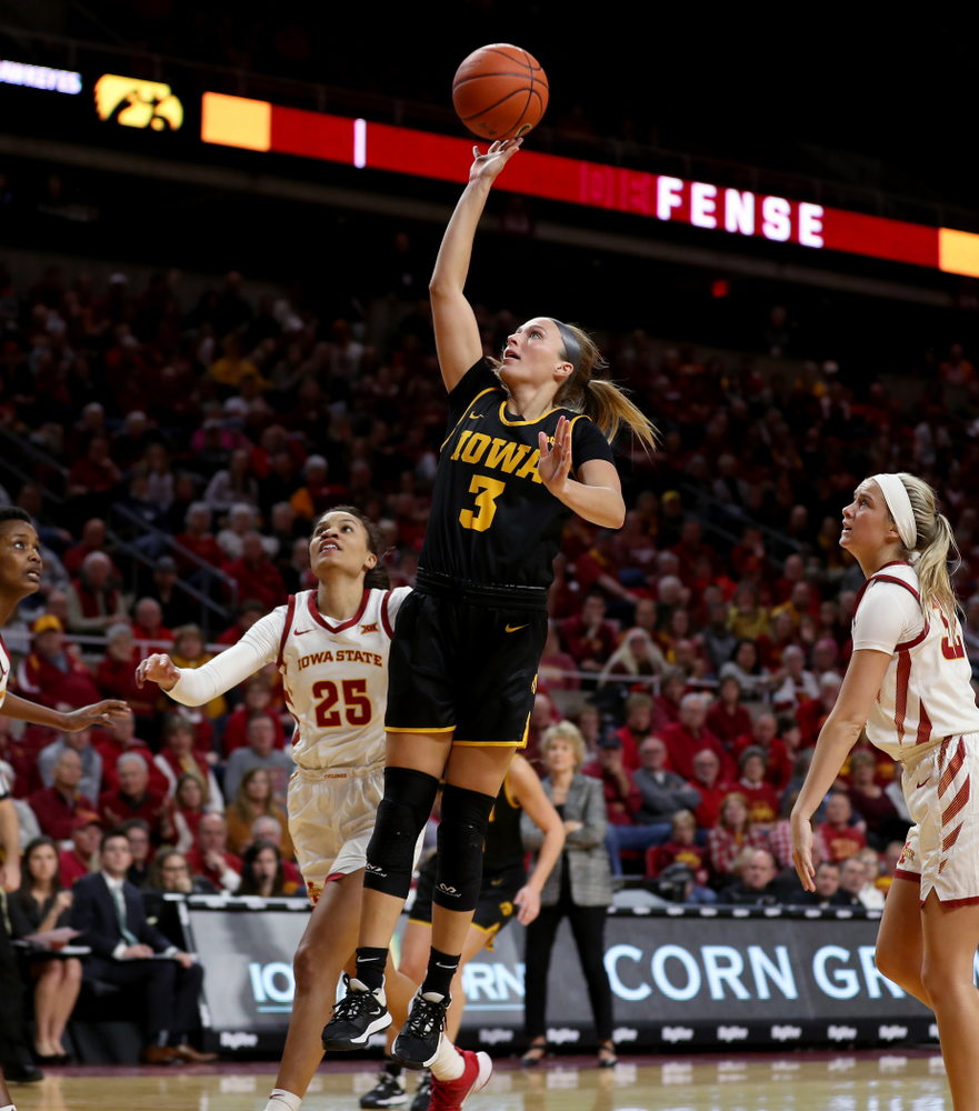 Iowa Hawkeyes guard Makenzie Meyer (3) against the Iowa State Cyclones Wednesday, December 11, 2019 at Hilton Coliseum in Ames, Iowa(Brian Ray/hawkeyesports.com)