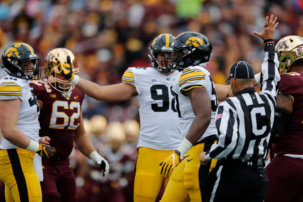 Iowa Hawkeyes defensive end Chauncey Golston (57) against the Minnesota Golden Gophers Saturday, October 6, 2018 at TCF Bank Stadium. (Brian Ray/hawkeyesports.com)