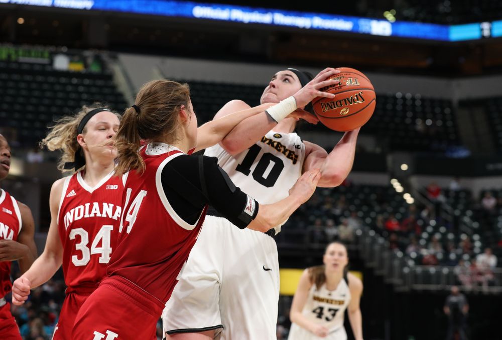 Iowa Hawkeyes forward Megan Gustafson (10) against the Indiana Hoosiers in the quarterfinals of the Big Ten Tournament Friday, March 8, 2019 at Bankers Life Fieldhouse in Indianapolis, Ind. (Brian Ray/hawkeyesports.com)