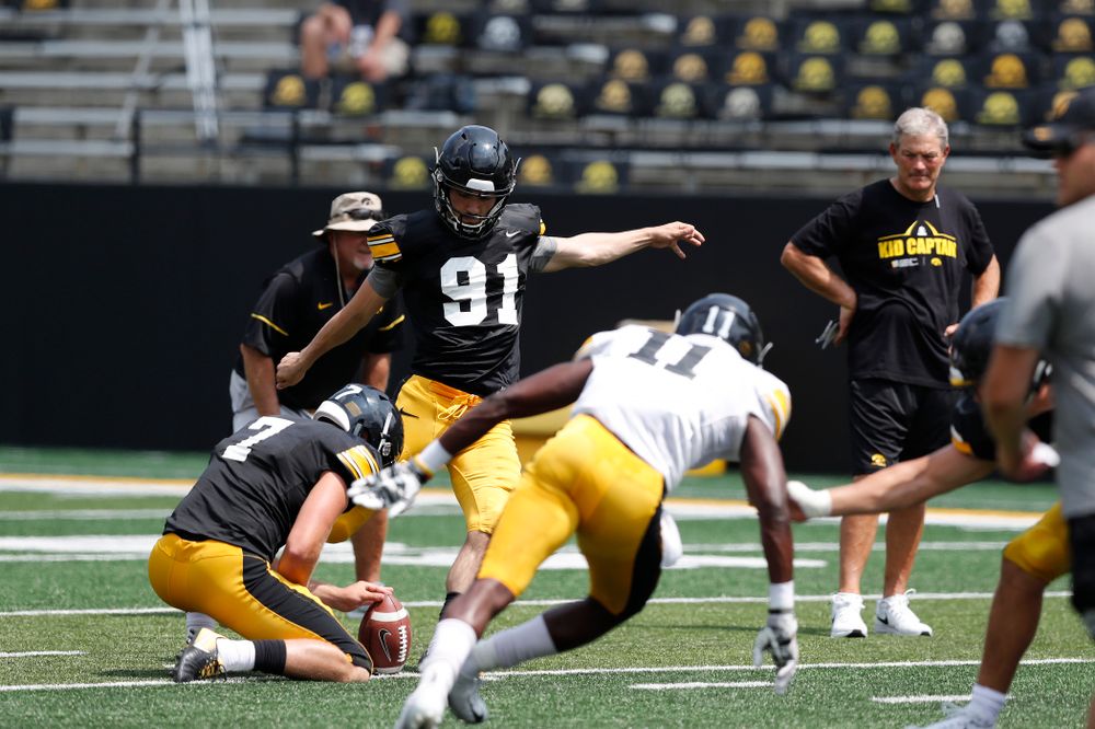 Iowa Hawkeyes place kicker Miguel Recinos (91) during Kids Day Saturday, August 11, 2018 at Kinnick Stadium. (Brian Ray/hawkeyesports.com)