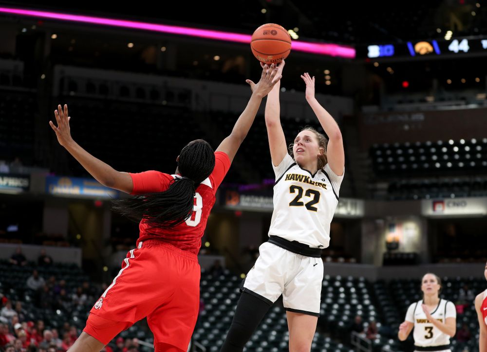 Iowa Hawkeyes guard Kathleen Doyle (22) against Ohio State in the quarterfinals of the Big Ten Basketball Tournament Friday, March 6, 2020 at Bankers Life Fieldhouse in Indianapolis. (Brian Ray/hawkeyesports.com)
